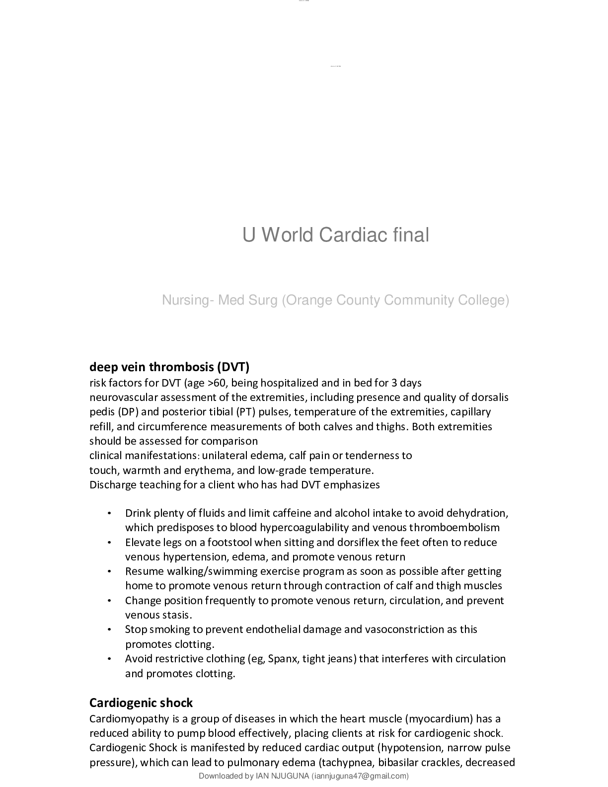 Preview image for Nursing- Med Surg (NURS2) U World Cardiac final with complete solution